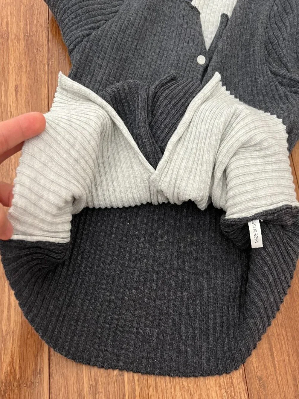 Gray Ribbed Layered Knit Button Front Long Sleeve Sweater